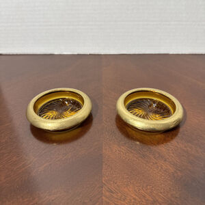 Set 2 Coaster Amber MCM Pressed Glass Starburst Brass Rimmed 4" Vtg Park Sherman